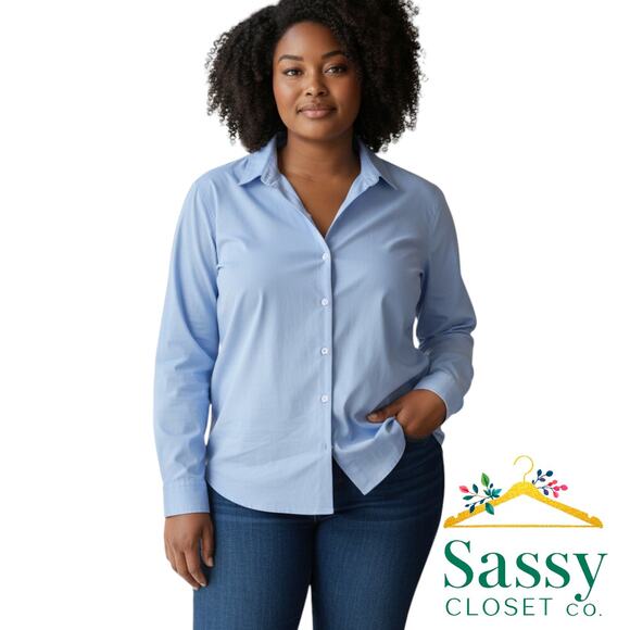 Foxcroft Blue Button Up Blouse Long Sleeve Collar Cotton No Iron Women’s 16 EUC - Picture 1 of 6